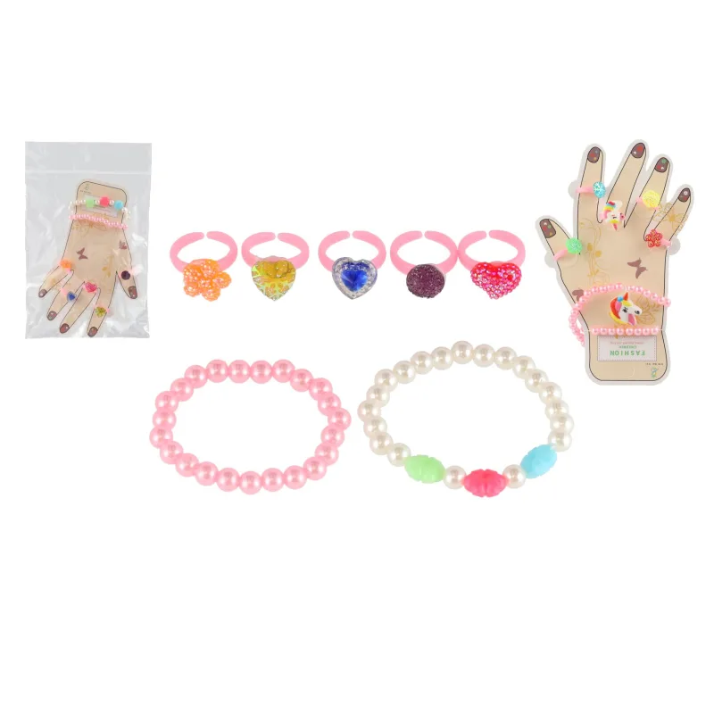 Teddies Sada krásy plast prstene 5ks + náramky 2 ks 2 druhy v sáčku 12x17cm