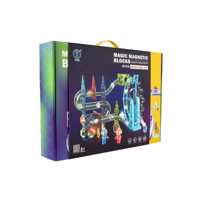 Teddies Guľôčková dráha magnetická plast 80ks 16 guľôčok + doplnky na batérie so svetlom v krabici 47x35x9cm