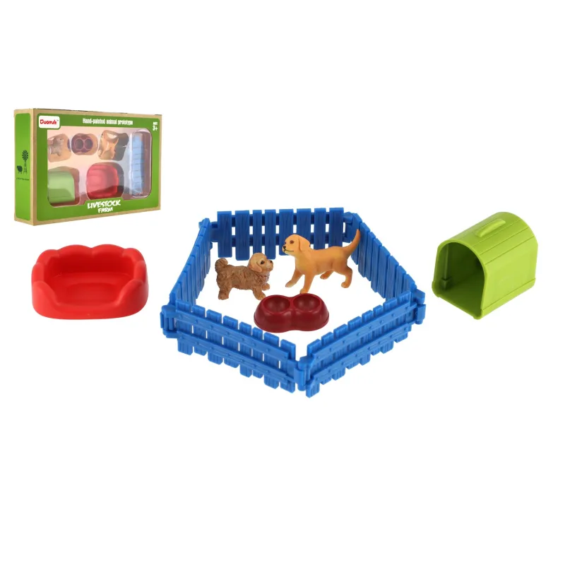 Teddies Psíkové/Pes 2ks s plotom plast s doplnkami v krabici 23x14,5x4,5cm