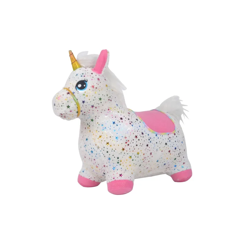 Teddies Hopsadlo jednorožec plyš biely s hviezdičkami vyššie. sedlá 23cm na bat. so zvukom v krab. 35x22cm