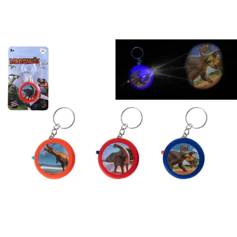 Teddies Prívesok projektor dinosaurus plast 4cm na batérie so svetlom 5 druhov na karte 7x11cm