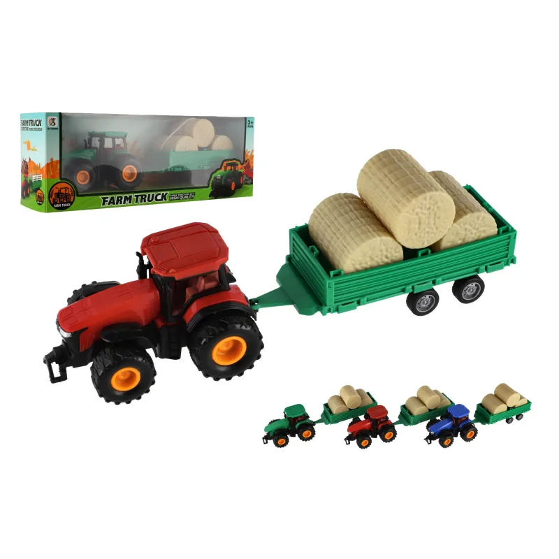 Teddies Traktor s vlekom s balíkmi plast 30cm na zotrvačník 3 farby v krabici 33x12x9cm