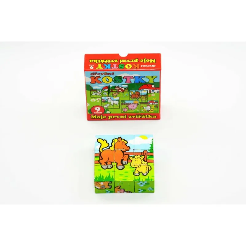 Teddies Kocky kubus Moje prvé zvieratká drevo 9x9x3cm 9ks v krabičke 11x11x6cm 12m+ MPZ