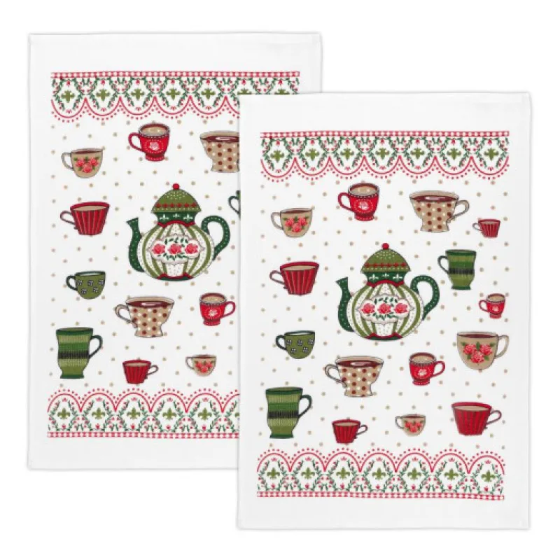 Bellatex Kuchyňské utěrky sada 2 kusů, Čajová konvička červená, zelená - 40x60 cm