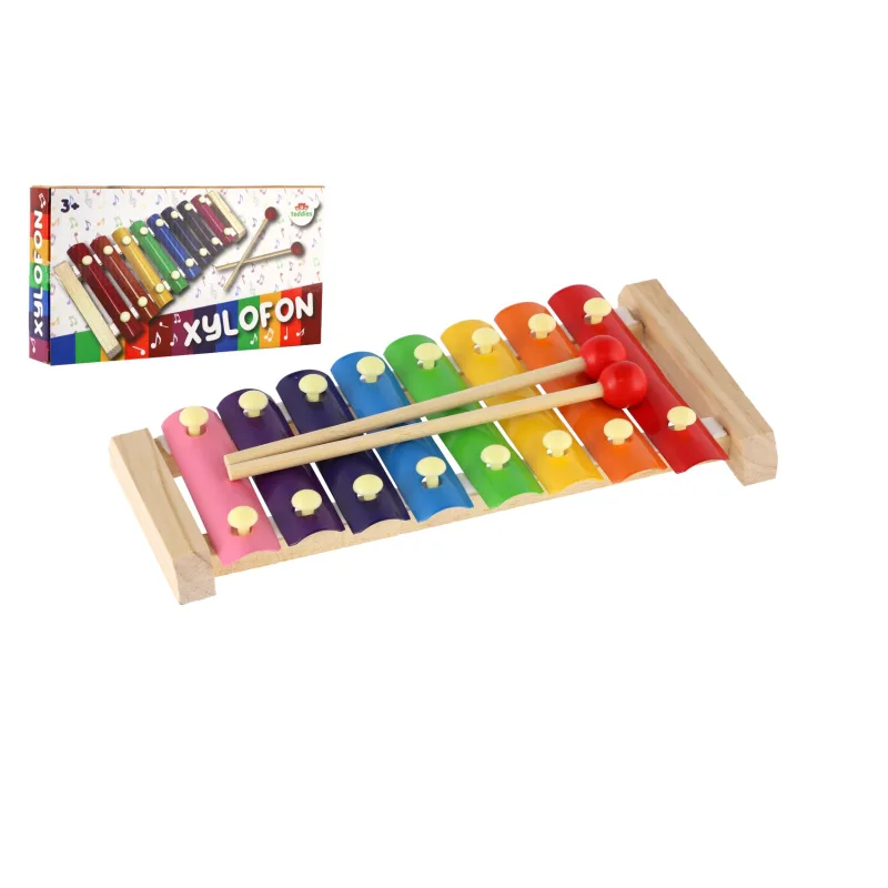 Teddies Xylofón drevo/kov 24cm s paličkami v krabici 25x13x4cm