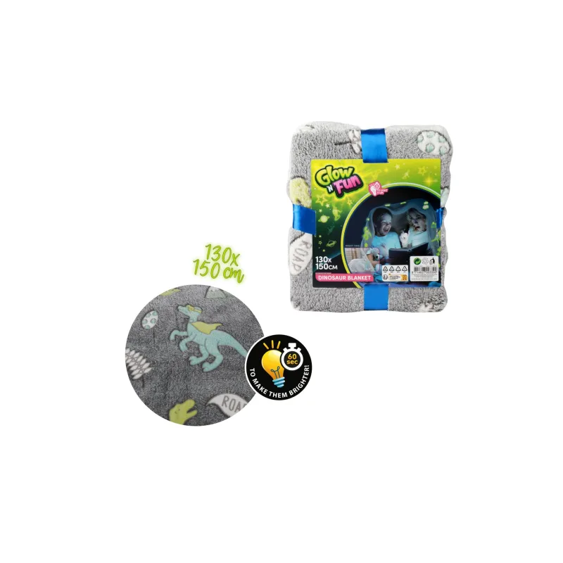 Teddies Deka Dinosaurus svietiaca v tme plyš 130x150cm sivá