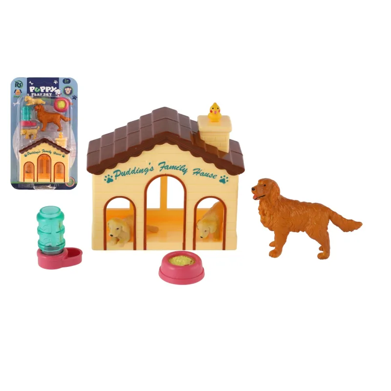 Teddies Psíkovia/Pes 3ks s domčekom/búdkou plast s doplnkami na karte 15x25x5cm