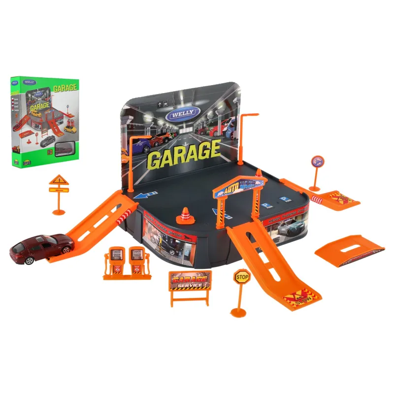 Dromader Dromedár Garáž Welly + auto Welly Porsche kov/plast v krabici 21x25x5,5cm