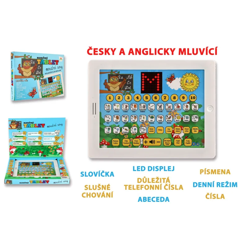 Teddies Náučný tablet múdrej sovy dvojjazyčný SK+AJ plast 24x19x2cm na batérie so zvukom v krabici 32x23x3cm