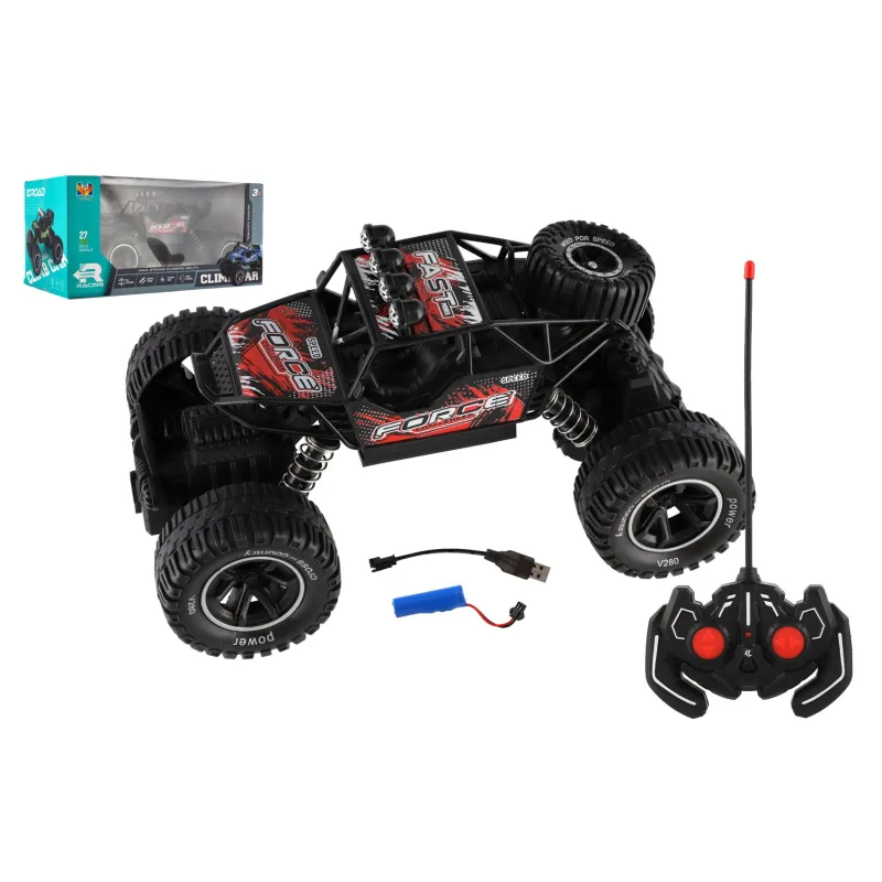 Teddies Auto RC Off-Road vypúšťajúce paru plast 26cm 27MHz dobíjací pack+baterky so svetlom červené v krab.