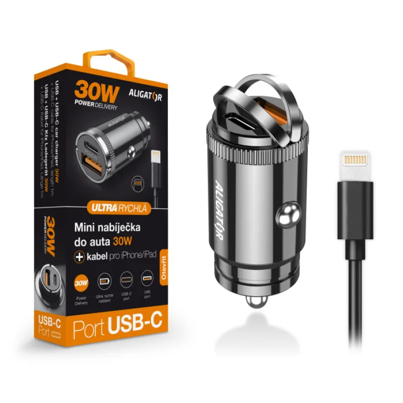 Aligator mini nabíječka do auta Power Delivery 30W,USB-C + USB-A, USB-C kabel pro iPhone/iPad CHPD0008