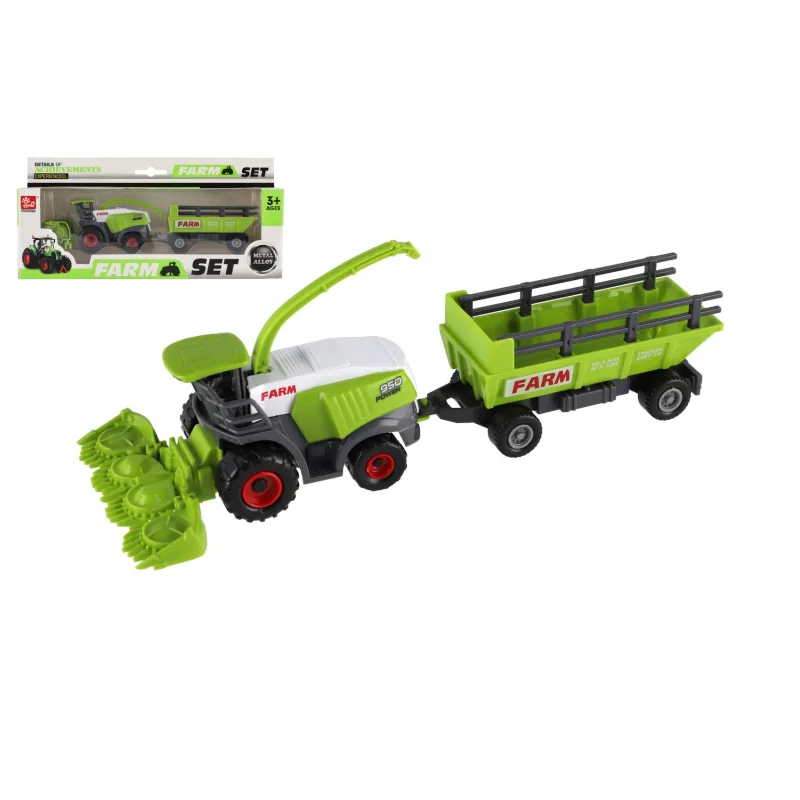 Teddies Kombajn/rezací stroj s vlekom plast 22cm na voľný chod v krabici 27x12,5x6cm