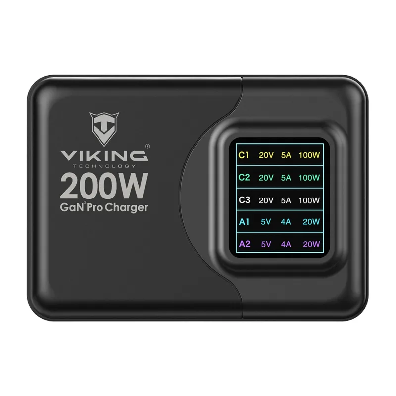 Viking USB GaN charger 200W PD PRO/síťový adaptér/Output:3xUSB-C,2xUSB-A/Rychlo nabíjení/ VCH200PD