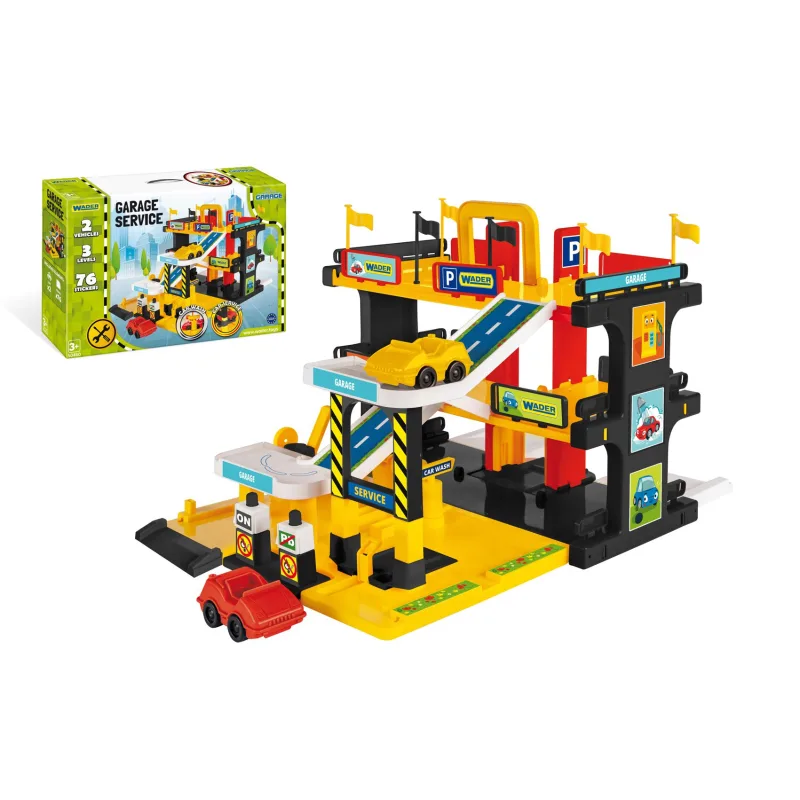 WADER Garáž servis 3 poschodia + 2 autá plast v krabici 59x39x15cm Wader