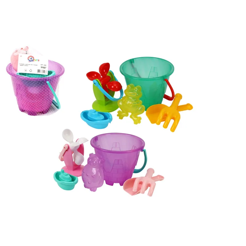 Teddies Sada na piesok ak vode plast vedro, mlynček s doplnkami v sieťke 20x19cm