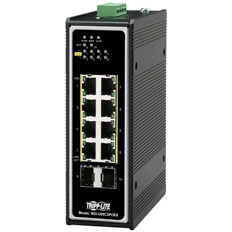 EATON Přepínač 8x zdroj Unmanaged Ethernet Switch, 10/100/1000Mb/s, 2GbE SFP, PoE+ 30W, -40°?+75°C, DIN NGI-U08C2POE8