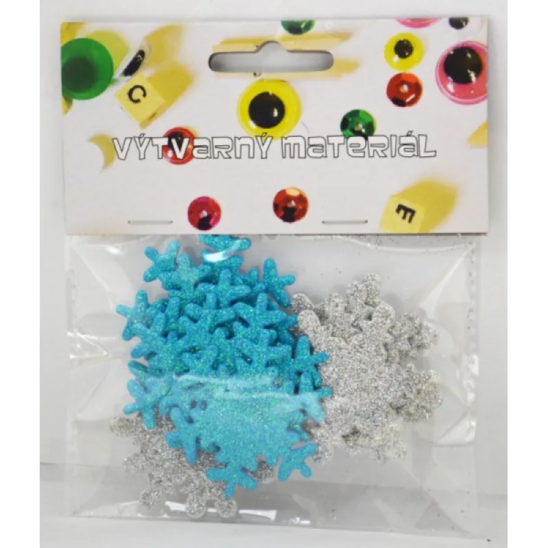 Pěnové, třpytivé samolepící vločky, modrá a stříbrná 12ks