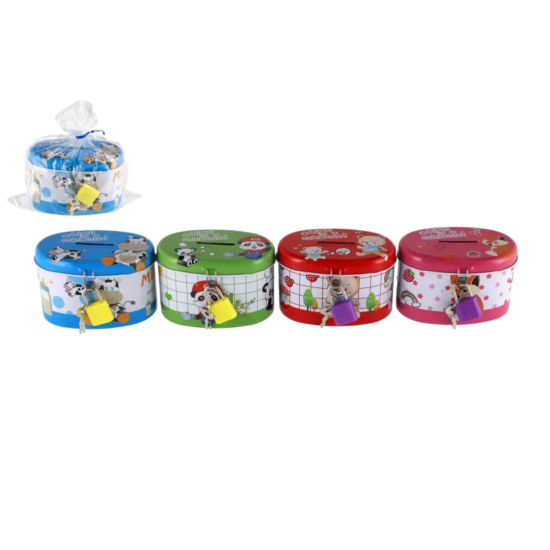 Teddies Pokladnička so zámkom plechová ovál 10x6cm 4 farby v sáčku