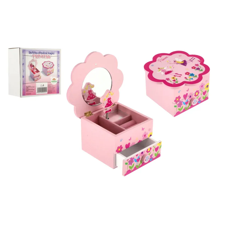 Teddies Skříňka šperkovnice Princess dřevo hrající květina zásuvka 14,5x8x14,5cm