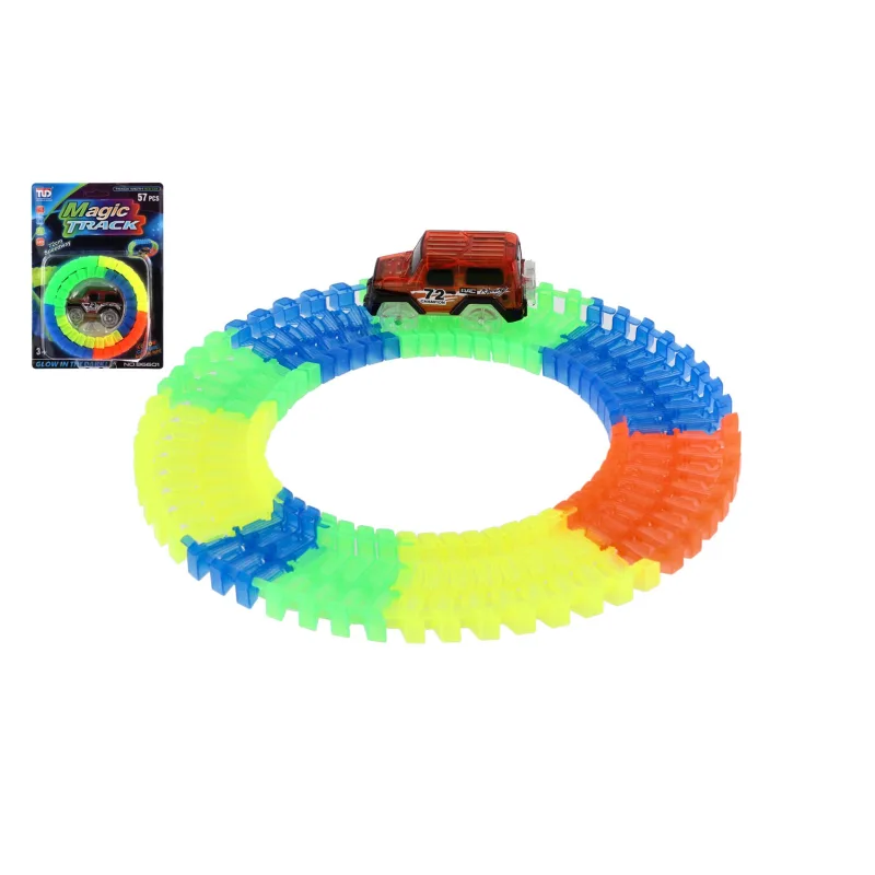 Teddies Dráha svietiaca v tme + auto na batérie plast 57ks dĺžka 72cm na karte 17x24x7cm