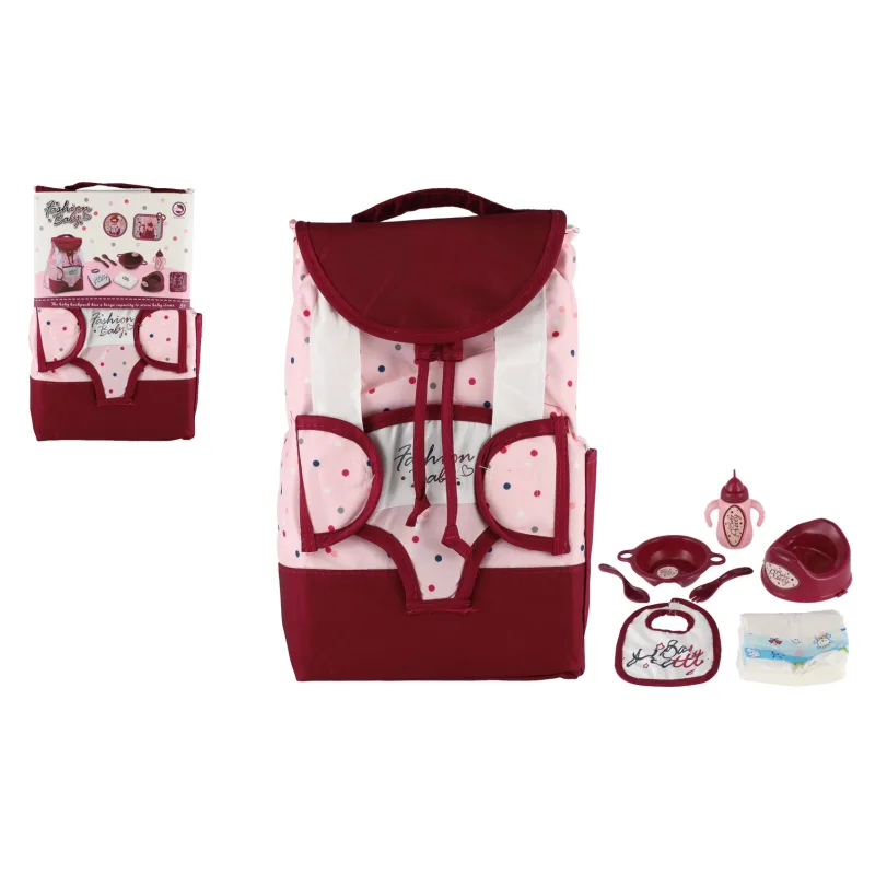 Teddies Batoh s nosičom pre bábiku látka 17x26cm s doplnkami pre bábiku v sáčku