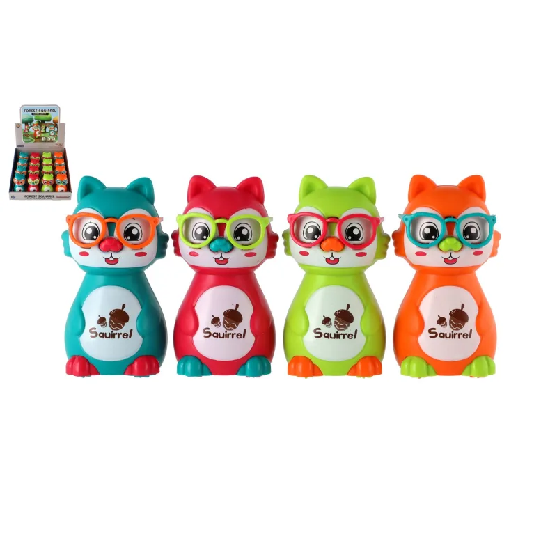 Teddies Veverička plast 10cm na zotrvačník stlač hlavu a choď 4 farby 16ks v boxe