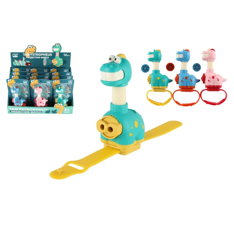 Teddies Projektor dinosaurus na ruku plast 11cm na batérie 3 farby na karte 12 ks v boxe