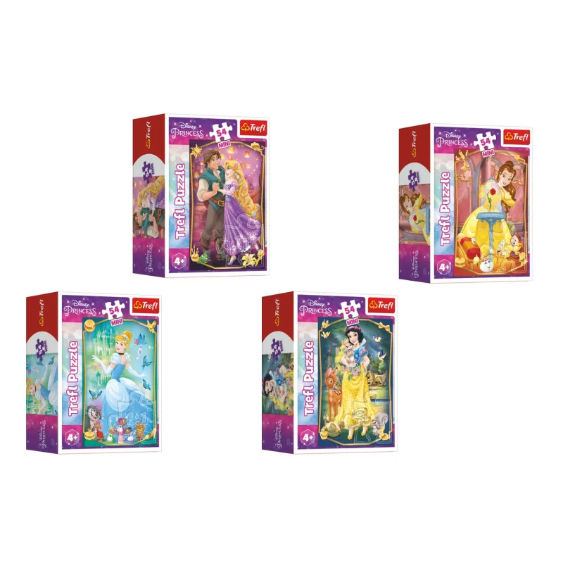 Trefl Minipuzzle Krásne princezné/Disney Princess 54 dielikov, 4 druhy, v krabičke 6x9x4cm