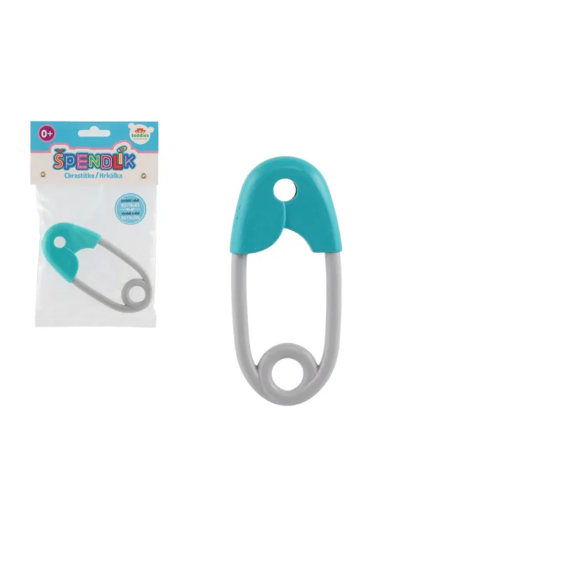 Teddies Hrkálka špendlík plast 12cm tyrkysovošedé 12x19cm v sáčku 0m+