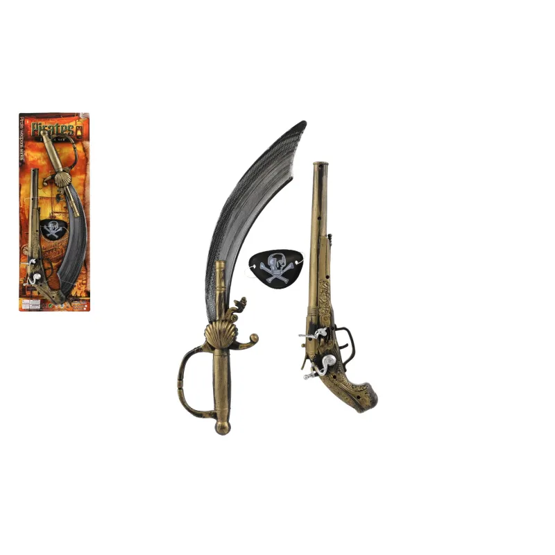 Teddies Pirátska súprava plast meč / šable, pištoľ klapací, kryt na oko na karte 19x53cm