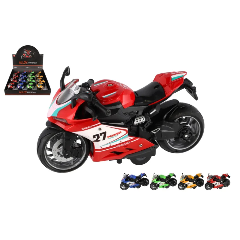 Teddies Motorka cestný plast 13cm na spätné natiahnutie na batérie so svetlo, zvukom 4 farby