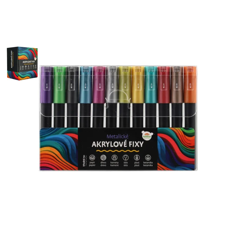 Teddies Fixky akrylové metalické 12ks aj na keramiku, sklo, kamene, hrot 4mm v blistri 18,5x12cm