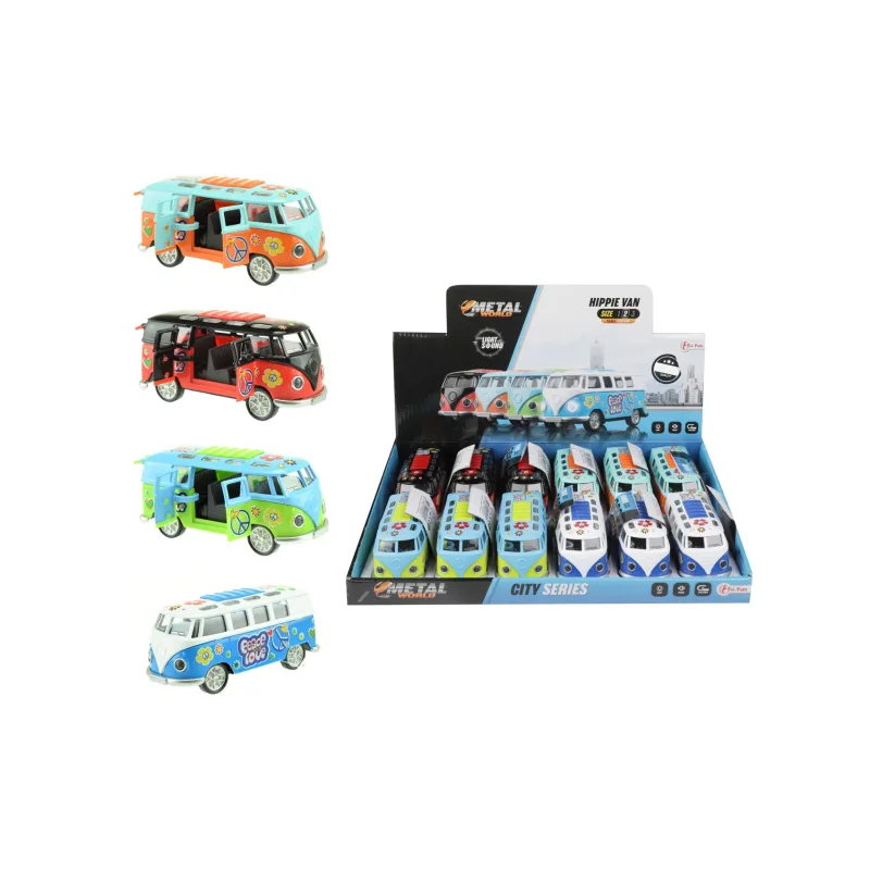 Teddies Autobus retro kov/plast 12cm na batérie so zvukom so svetlom na spätné natiahnutie 4 farby