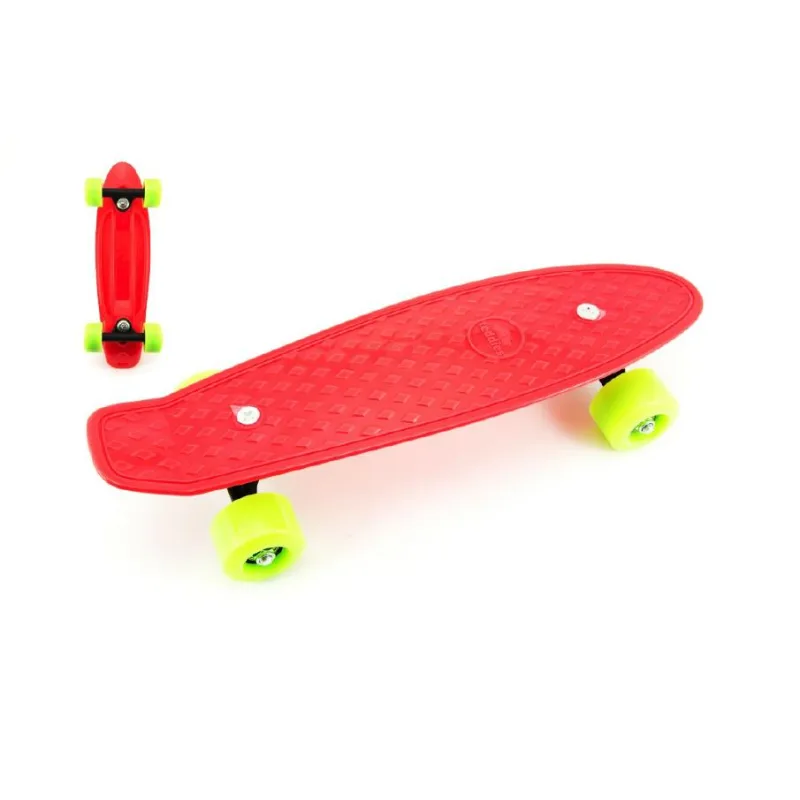 Teddies Skateboard - pennyboard 43cm, nosnosť 60kg kovové osi, červený, zelené kolesá