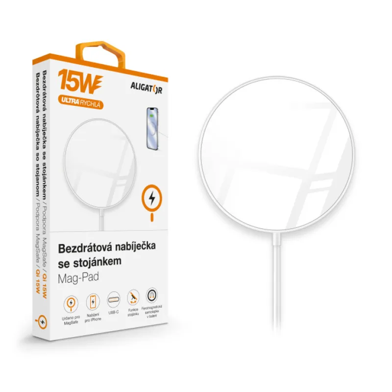 ALIGATOR bezdrátová nabíječka ALIGATOR Mag-Pad, určeno pro MagSafe, 15W, bílá AMS01WT