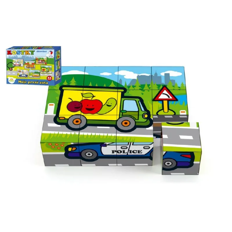 Teddies Kocky kubus drevené Moje prvé autá 12ks v krabičke 17x12,5x4cm