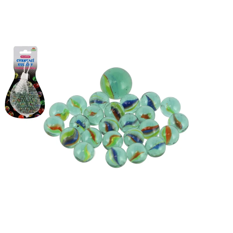 Teddies Guľôčky cvrnkacie sklenené rôzne veľkosti v sieťke na karte 10,5x19cm