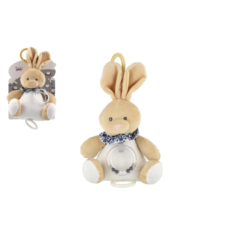 Teddies Zajac plyš 18cm záves na postieľku/kočík nat. hrací strojček béžový na karte v sáčku 0+
