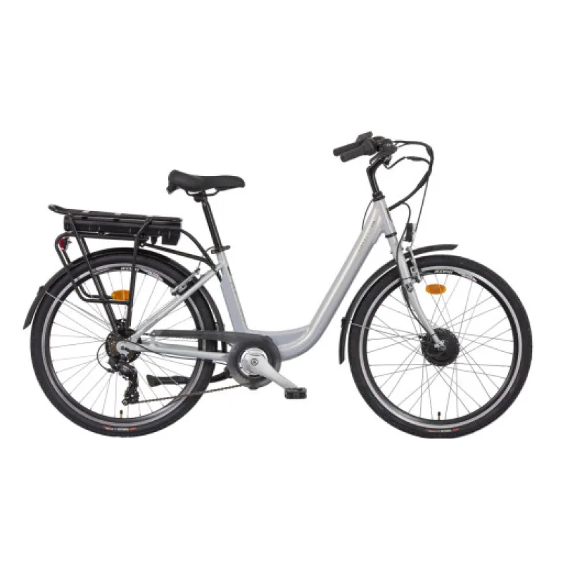 Liberty elektrokolo e-VIA 6 spd 26" zadní motor, 36V/14Ah, 2025 stříbrné, Přední vidlice Odpružená