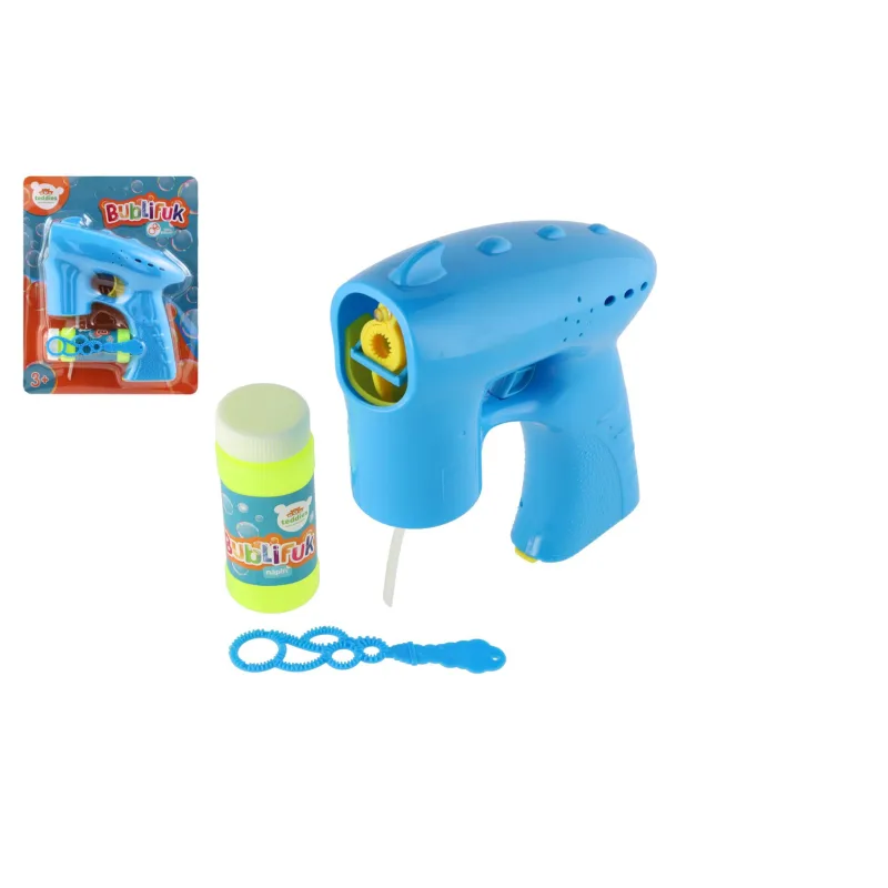 Teddies Bublifuk pištoľ modrá plast 13cm + náplň na batérie na karte