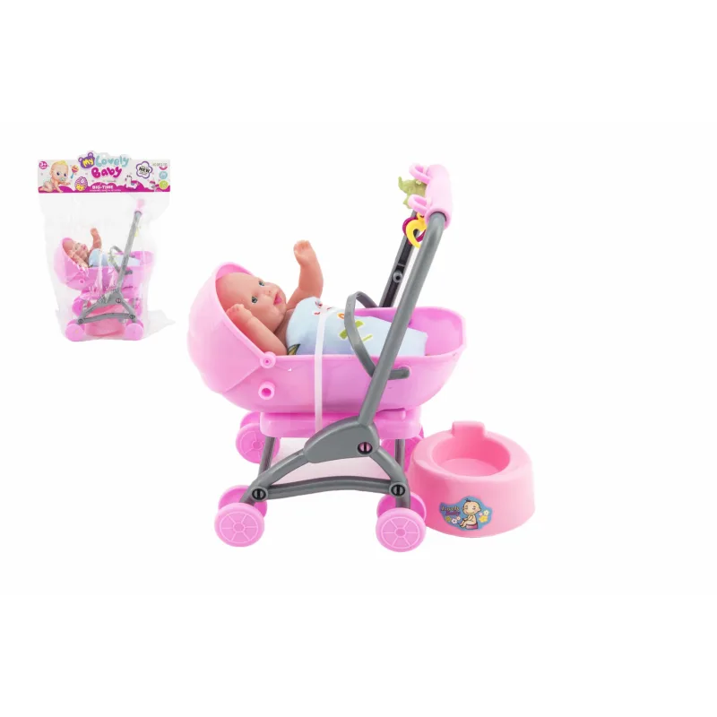 Teddies Bábätko/bábika kĺbová 12cm v kočíku 10x14x18cm plast s doplnkami v sáčku