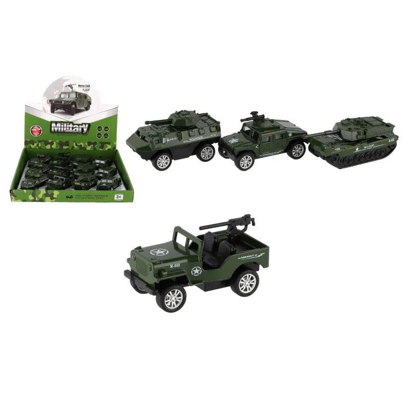 Teddies Auto vojenské mini kov/plast 7-8cm na spätné natiahnutie 4 druhy