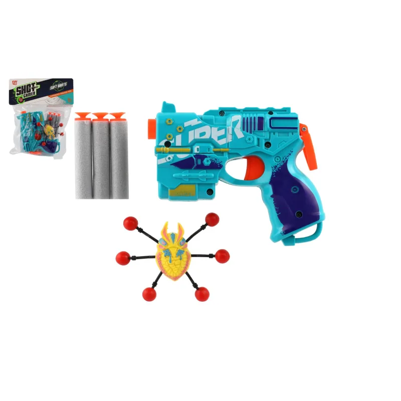 Teddies Pištoľ + penové náboje 3ks s prísavkami plast / pena + mimozemšťan lezúci po skle v sáčku 18x22x4cm