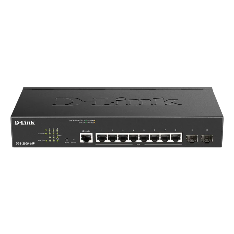 D-Link DGS-2000-10P Managed PoE switch, 8x GbE PoE+, 2x SFP, PoE 65W, fanless DGS-2000-10P