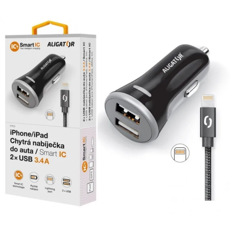 ALIGATOR 3.4A, 2xUSB, smart IC, černá, USB kabel pro iPhone/iPad CHS0007