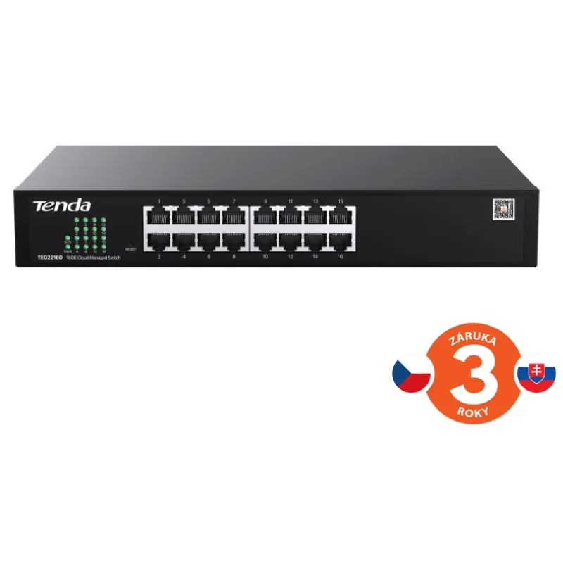 Tenda TEG2216D Websmart L2 cloud managed switch, 16x 10/100/1000 Mbps, Kov, Fanless-bez ventilátorů 75012019