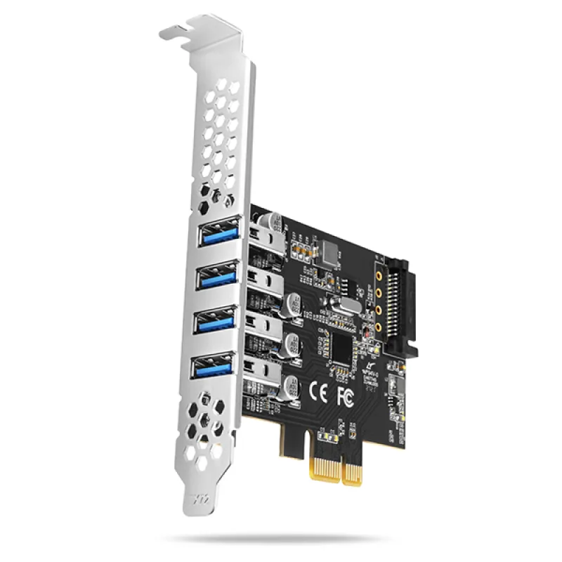 AXAGON PCEU-43RS, PCIe řadič, 4x USB 3.2 Gen 1 port, 5 Gbps, napájení z PCIe nebo SATA, SP & LP PCEU-43RS
