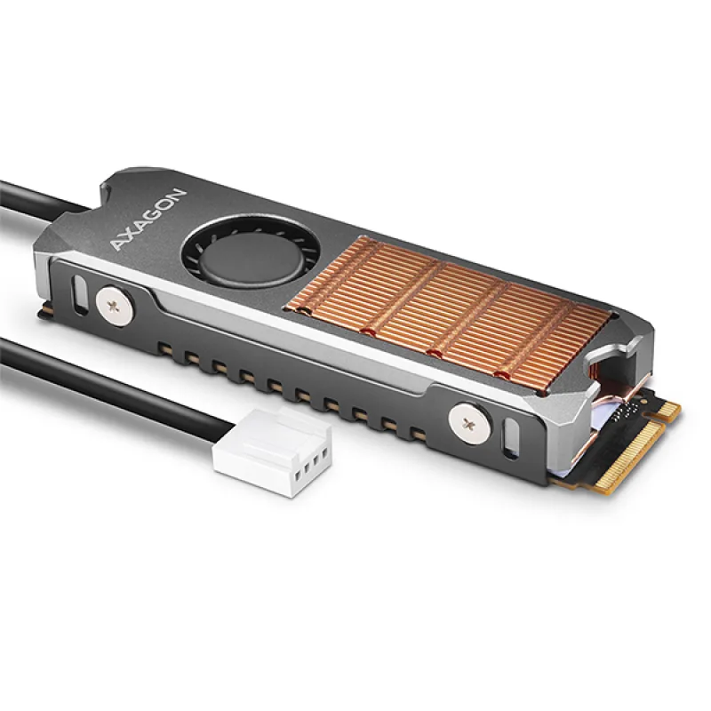 AXAGON CLR-M2FAN, měděný chladič s ventilátorem pro jedno i oboustranný M.2 SSD disk, výška 13 mm CLR-M2FAN