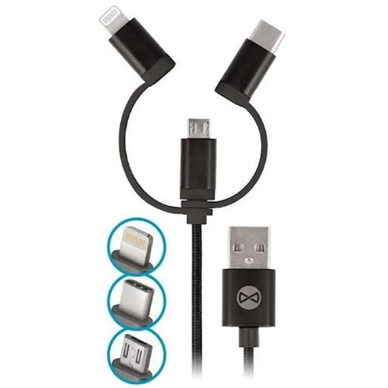 Datový kabel Forever 3v1 USB/microUSB, Lightning, USB-C 1m 1,5A černý T_01626