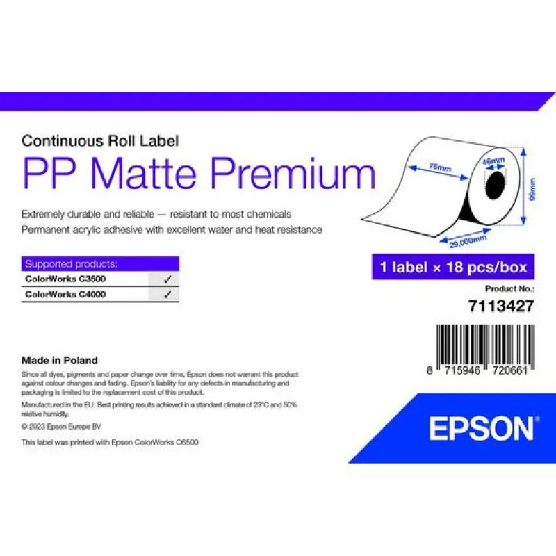 EPSON POKLADNÍ SYSTÉMY PP Matte Label Premium, Cont. Roll, 76mm x 29mm 7113427